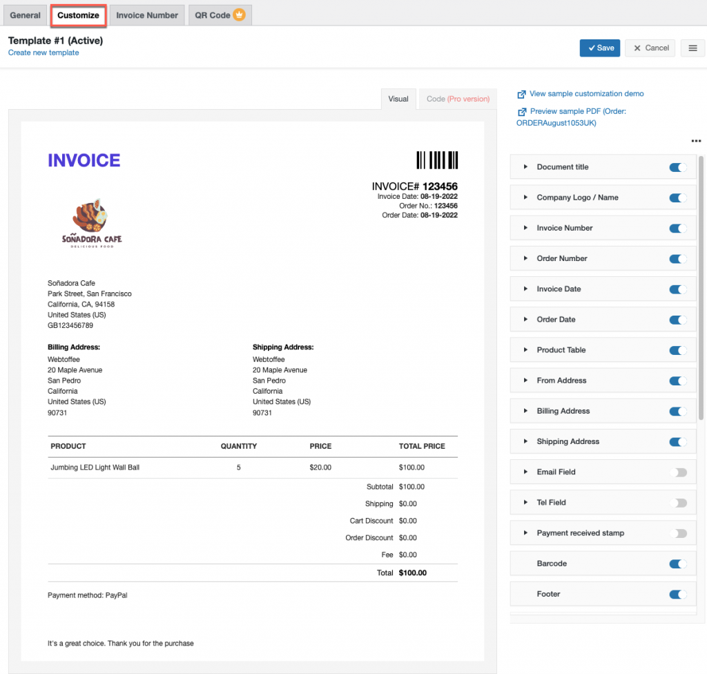 Personnalisateur de facture PDF woocommerce