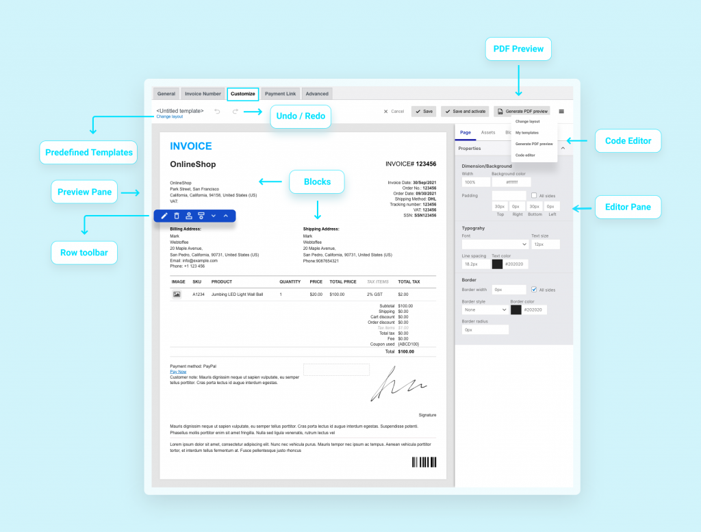 Composant de personnalisateur dynamique dans la facture pdf woocommerce