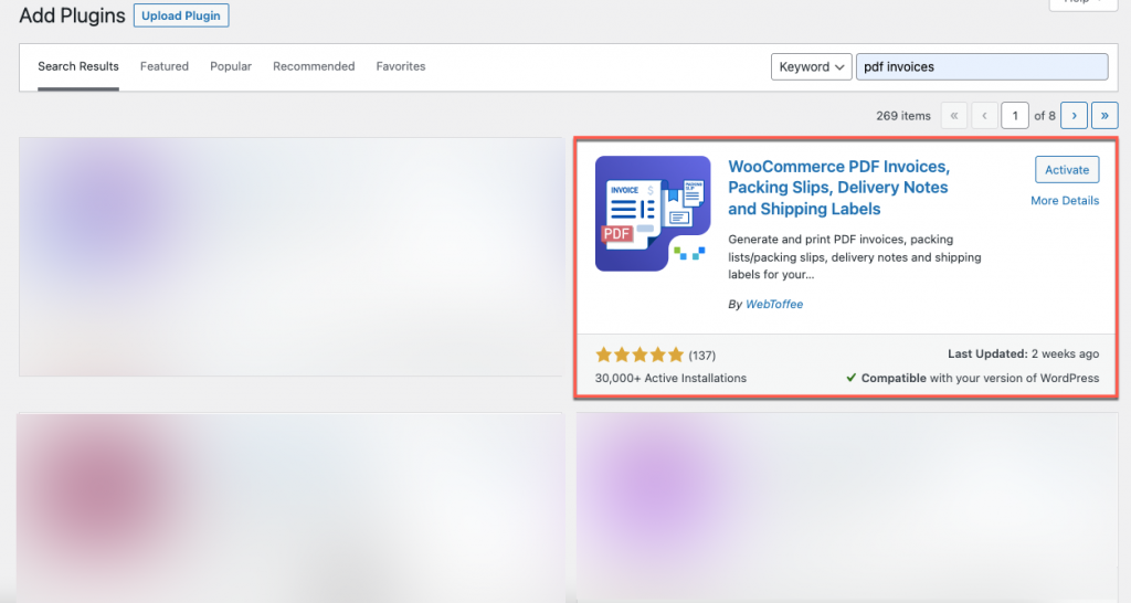 Installation du plug-in de facture PDF Woocommerce