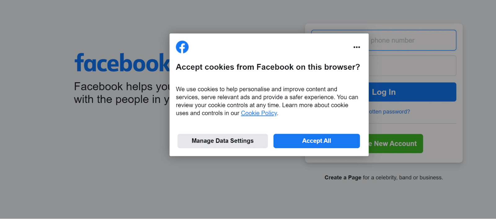 Facebook からの消費者同意プロンプト