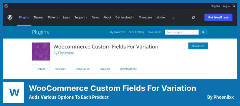 WooCommerce Custom Fields For Variation Plugin - Ajoute diverses options à chaque produit