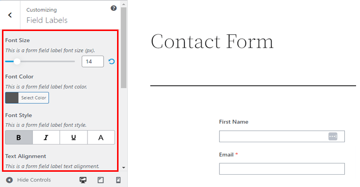 ตัวเลือกป้ายกำกับฟิลด์ ปรับแต่งแบบฟอร์ม WordPress