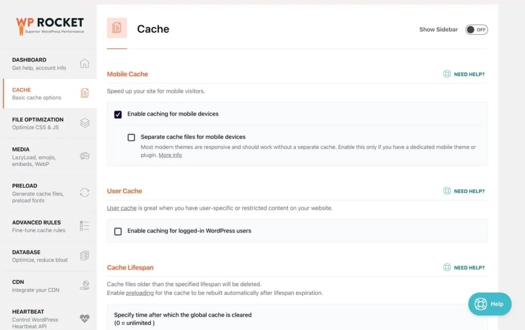 Opções básicas de cache no WP Rocket