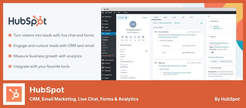 Complemento de HubSpot: CRM, marketing por correo electrónico, chat en vivo, formularios y análisis