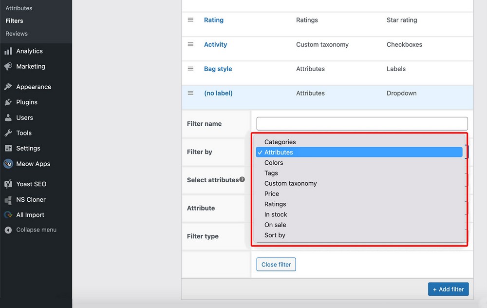 filtros por diferentes tipos de datos de productos