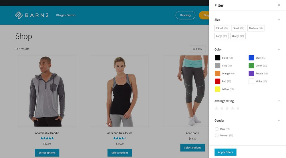 Panou cu filtrul de produse WooCommerce