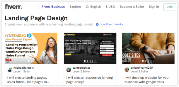 Açılış sayfaları, Fiverr