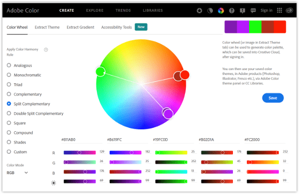 أدوات الألوان ، عجلة الألوان من Adobe