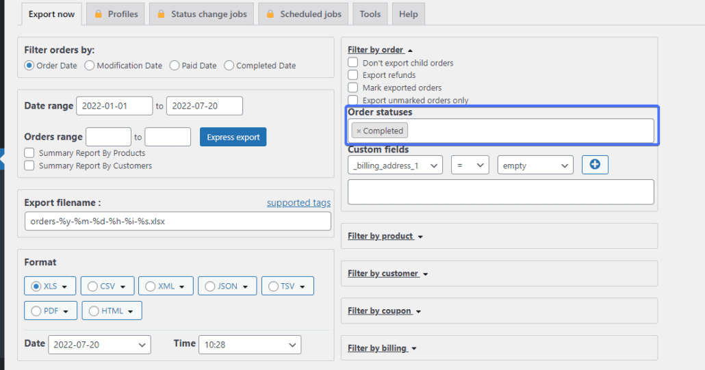 WooCommerce ihracat siparişleri için Sipariş Durumlarını seçin