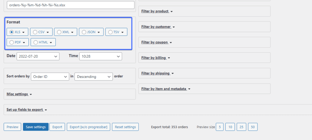 woocommerce 輸出注文のファイル形式を選択