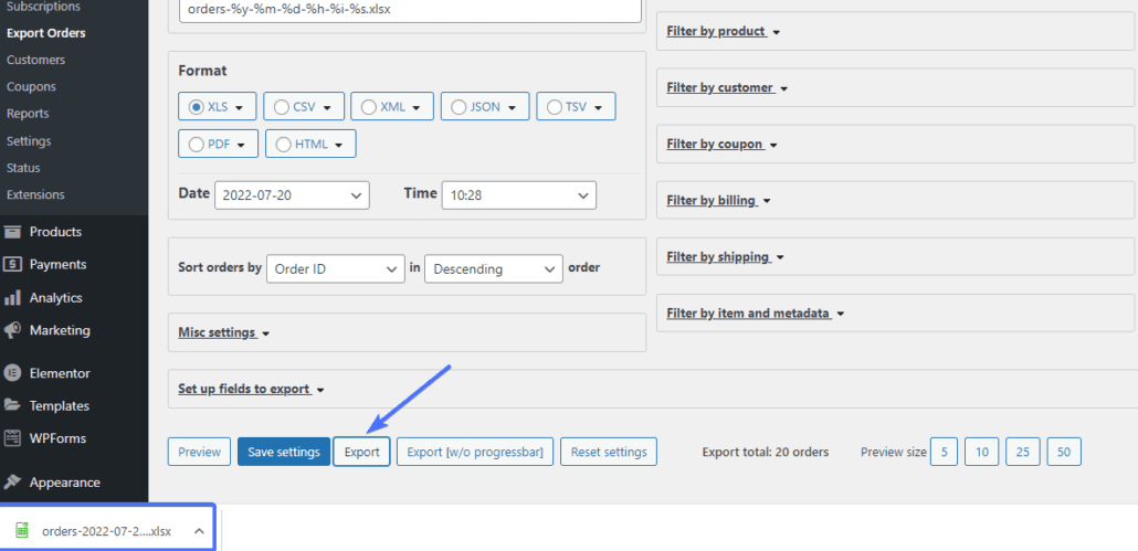 WooCommerce siparişlerinizi indirmek için Dışa Aktar'a tıklayın