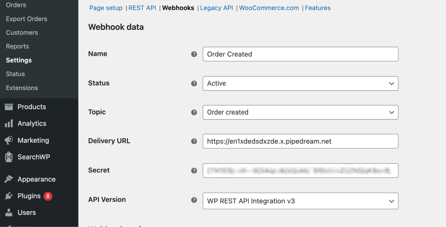 WooCommerce サイトへの Webhook の追加。