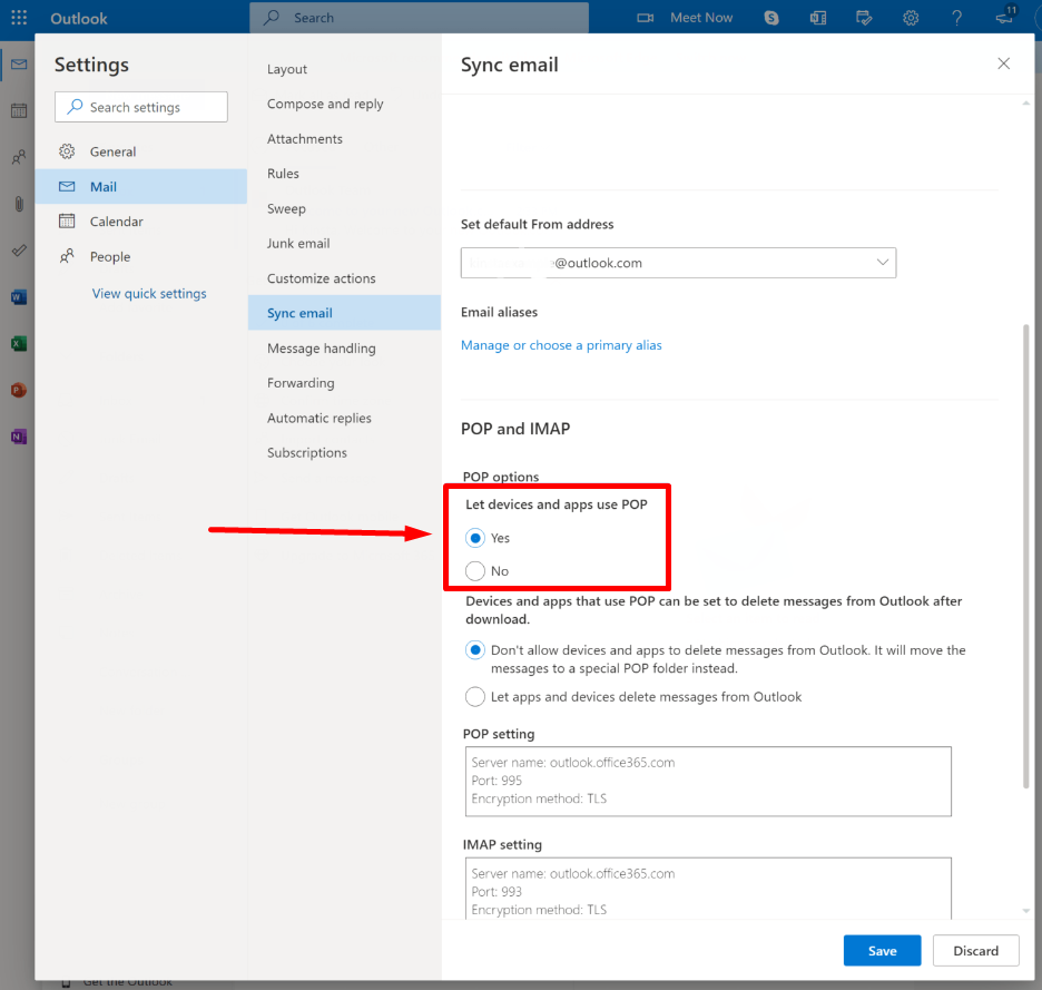 POP and IMAP outlook settings