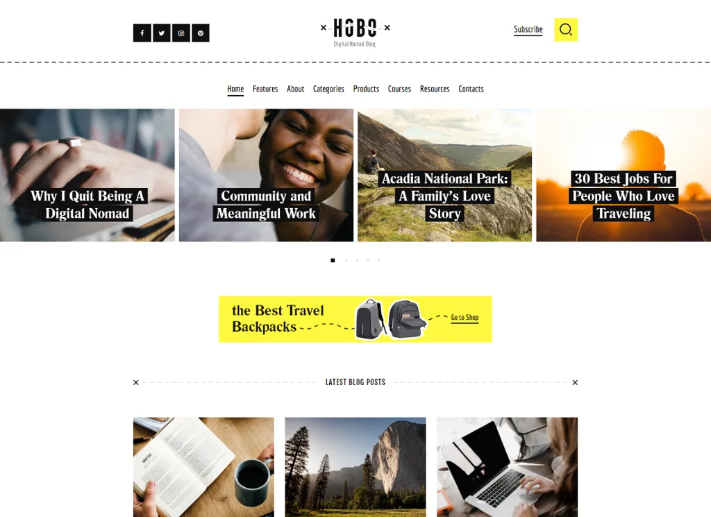 Hobo - 디지털 노마드 여행 라이프스타일 블로그 WordPress Theme