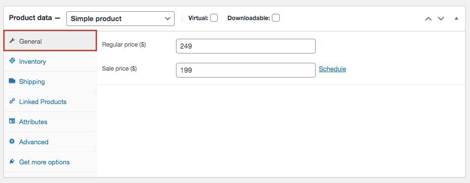 Geben Sie den regulären Preis und den Verkaufspreis für Ihr Produkt auf der allgemeinen Registerkarte von WooCommerce ein