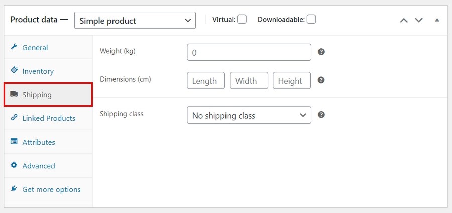 Fournissez les détails d'expédition de votre produit dans l'onglet d'expédition de WooCommerce