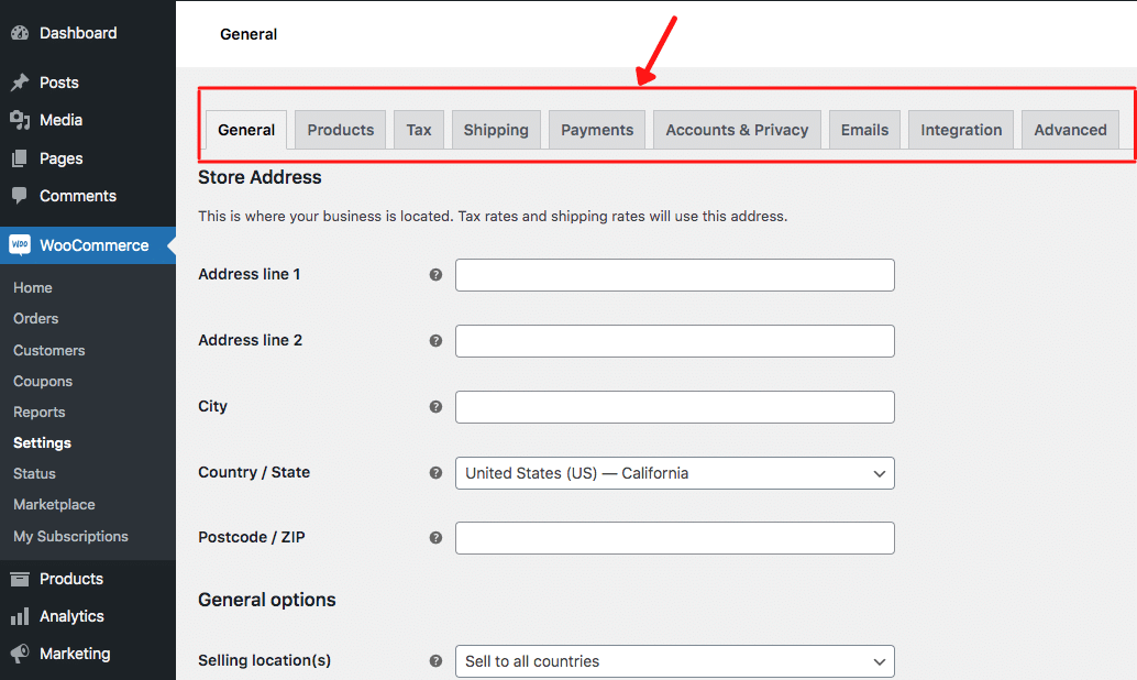 Impostazioni generali di WooCommerce