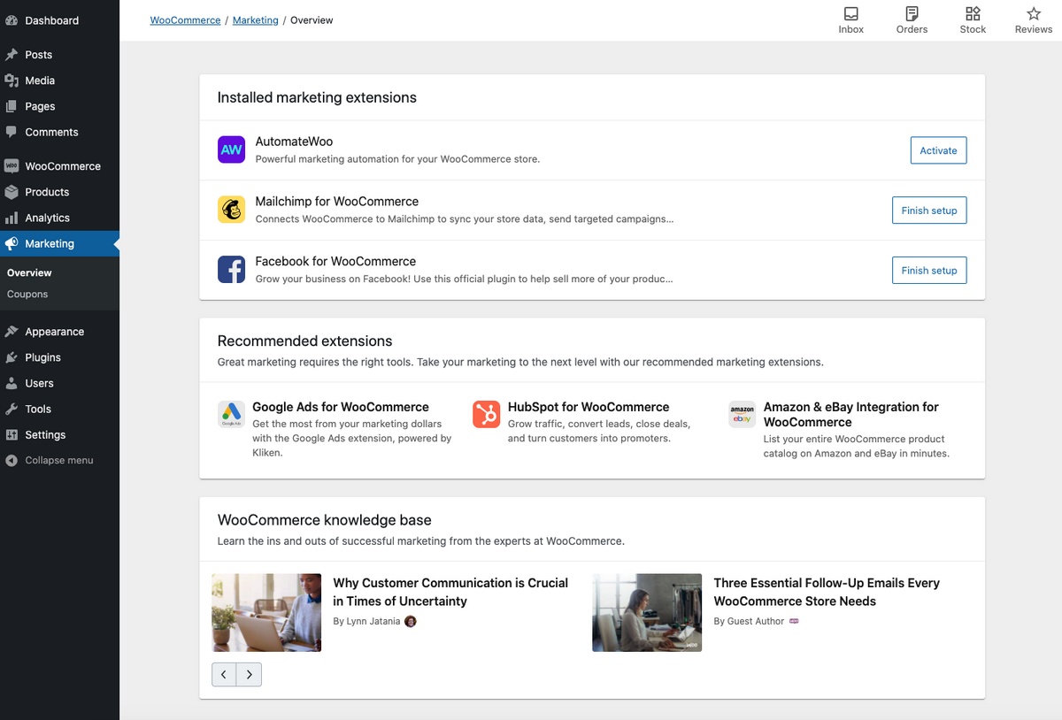 Hub di marketing di WooCommerce