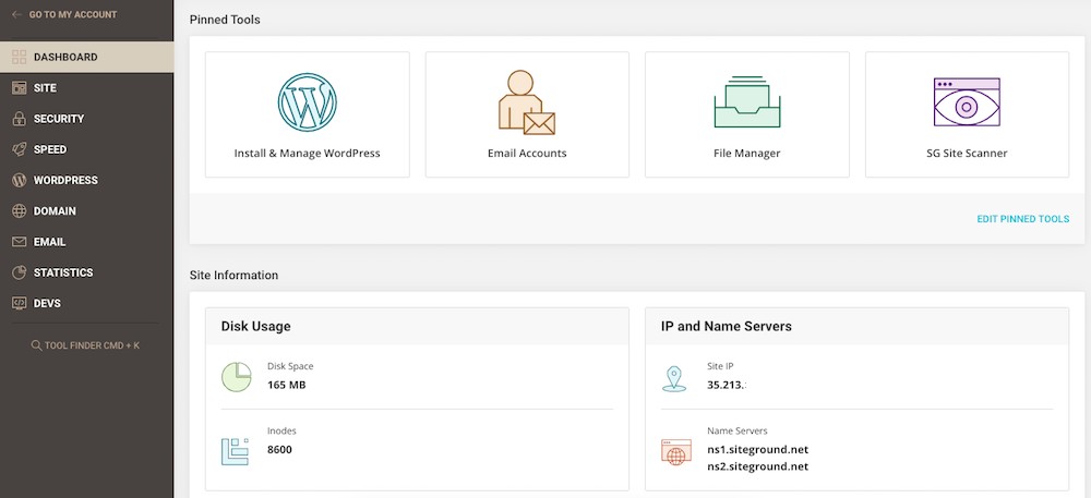 Tableau de bord SiteGround