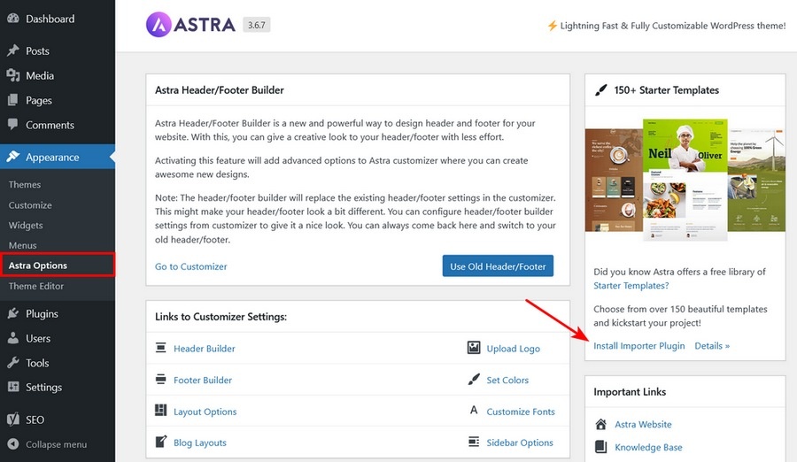 Installieren Sie das Importer-Plugin für das Astra-Design