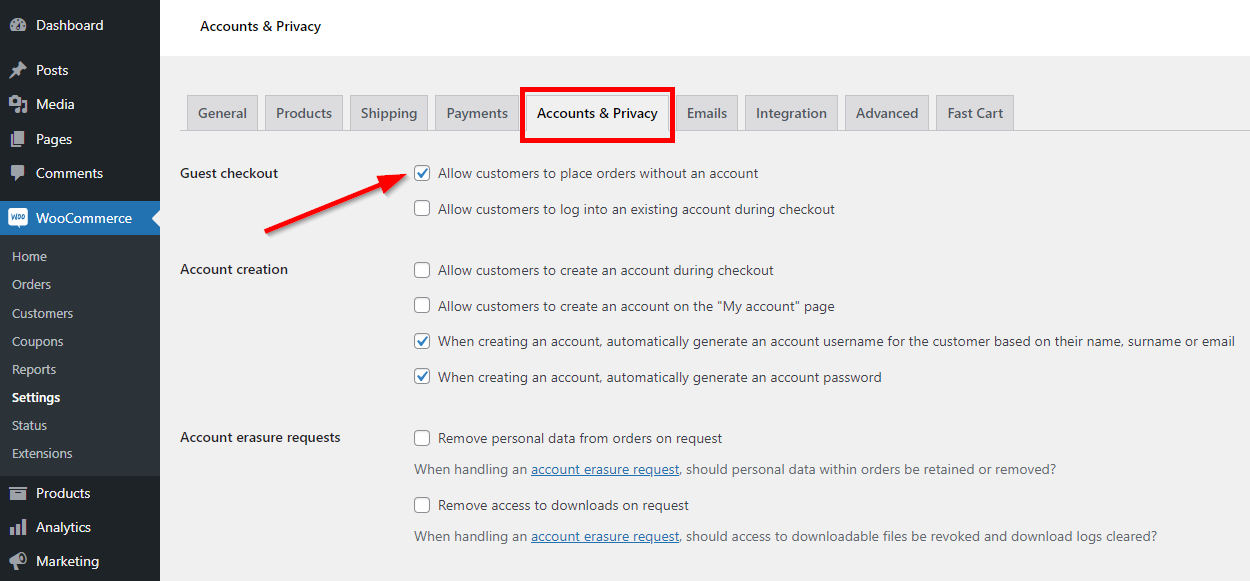 включить гостевую проверку в woocommerce