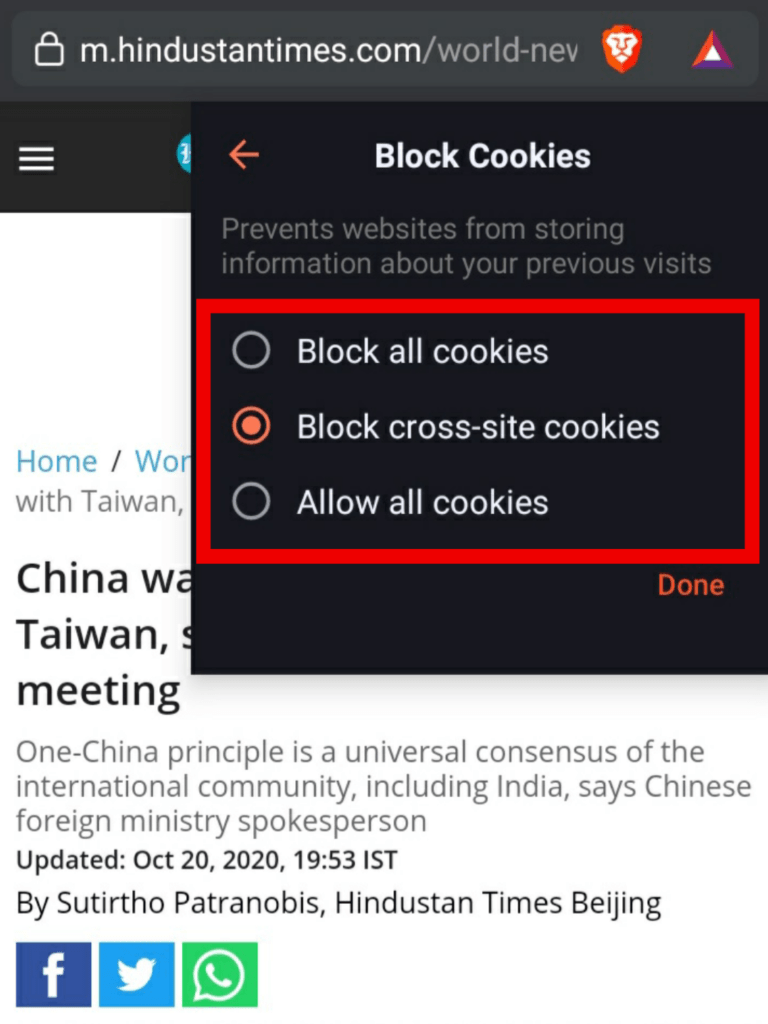 勇敢的阻止跨站點cookies