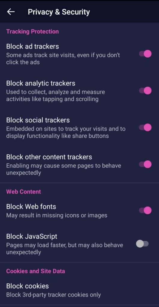 การตั้งค่าความปลอดภัยของ firefox focus