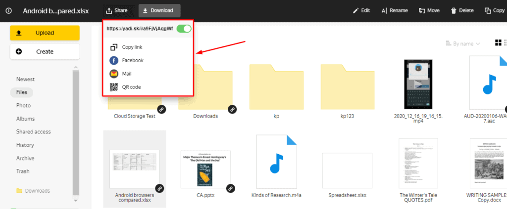 yandex-disk-bağlantı paylaşımı