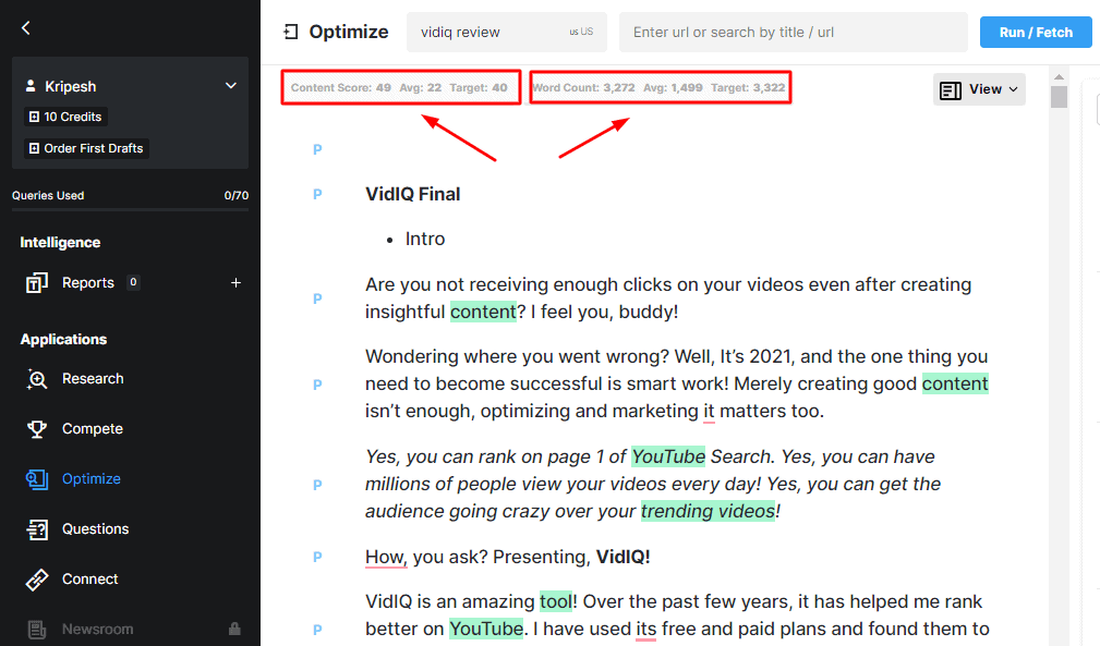 MarketMuse Ottimizza il punteggio dei contenuti