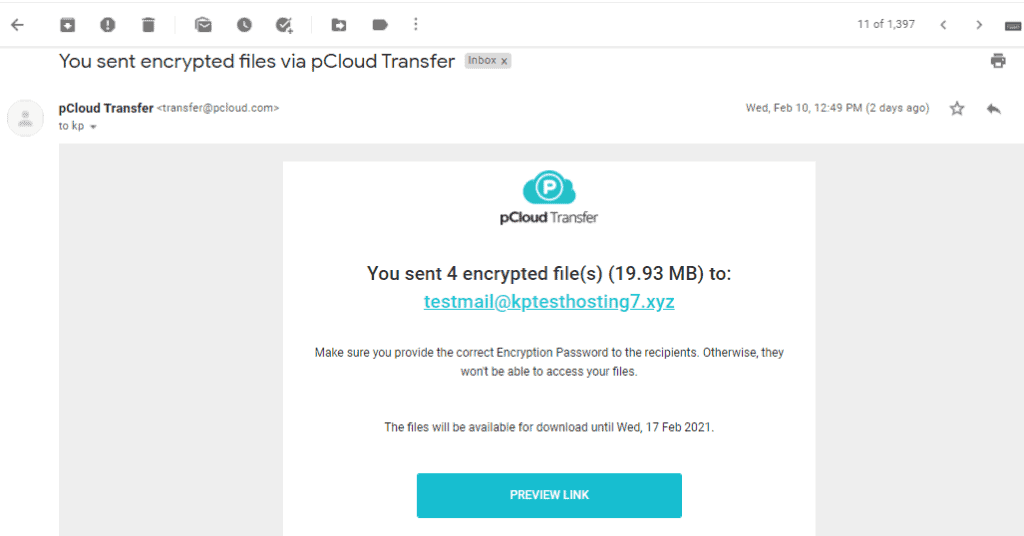 Notificare prin e-mail pentru transferul pCloud cu succes