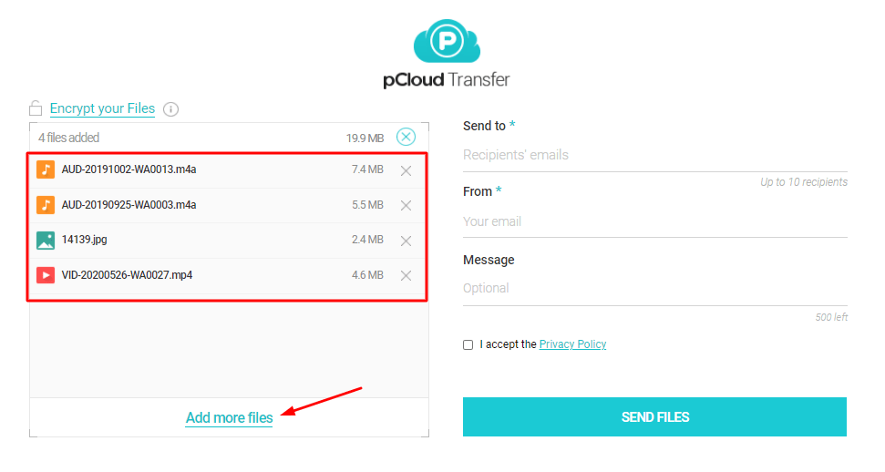 pcloud transfer adăugați fișiere