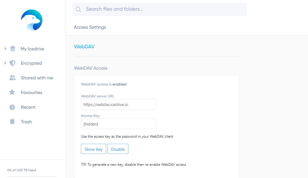 icedrive Web DAV erişimi
