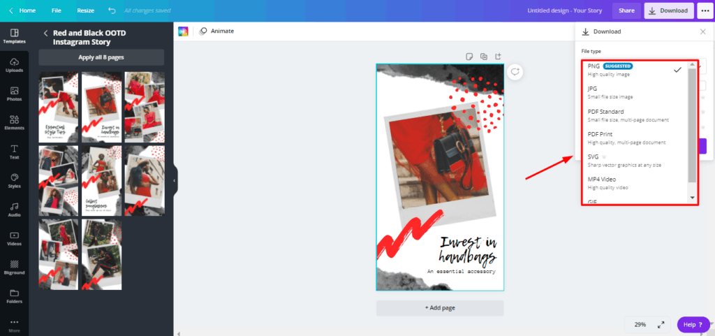 Canva Pro dışa aktarma seçenekleri