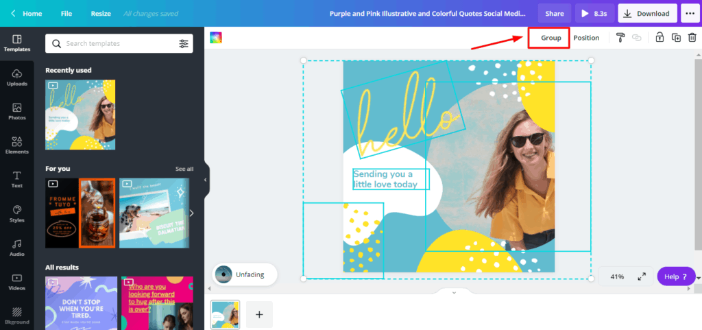 在 Canva 中对元素进行分组