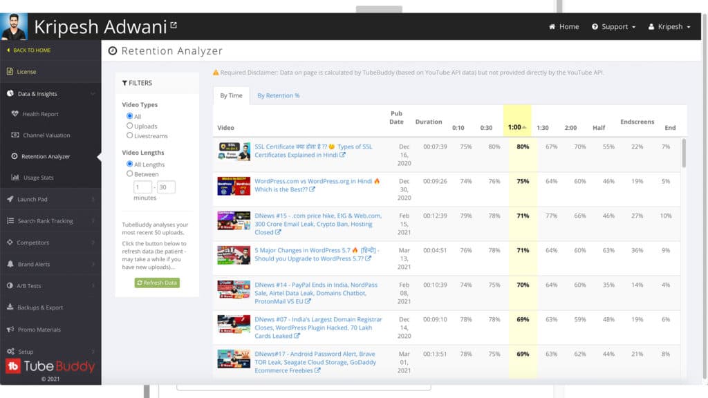 Tubebuddy Retention Analyzer