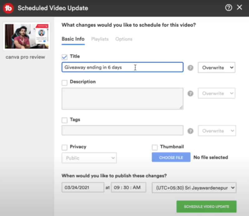 Plan TubeBuddy Star - Programar actualización de video