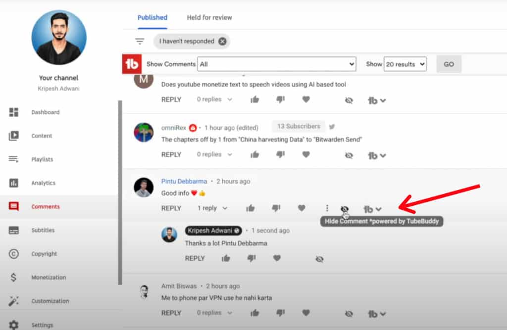 Paket TubeBuddy Pro - Menyembunyikan Komentar