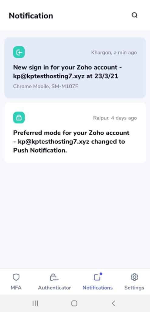 Zoho OneAuth プッシュ通知