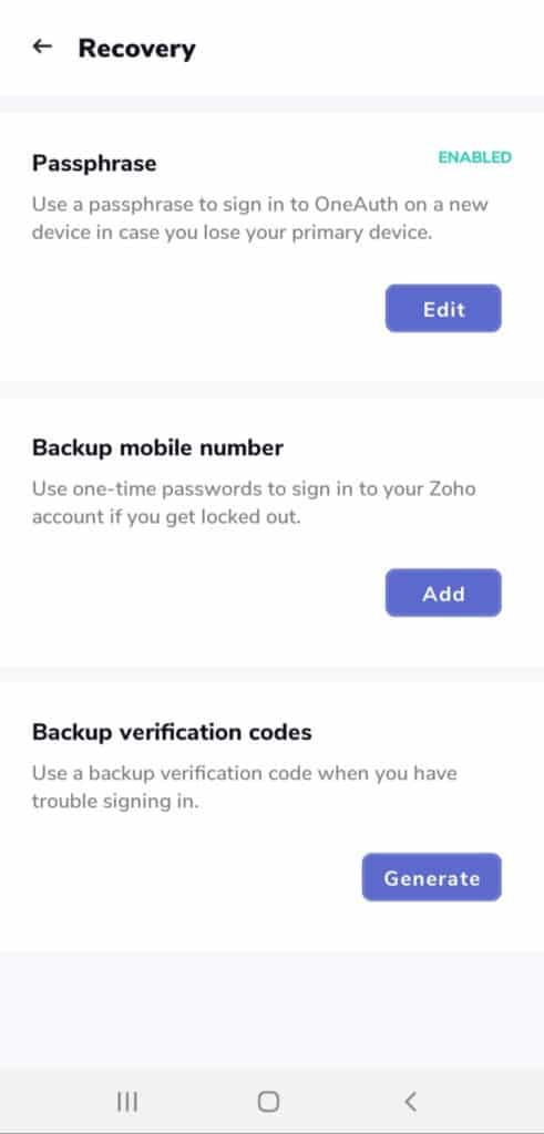 Zoho OneAuth 恢复选项