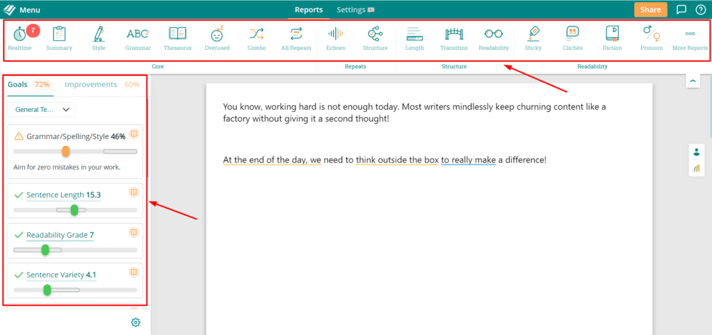 Benutzeroberfläche in ProWritingAid