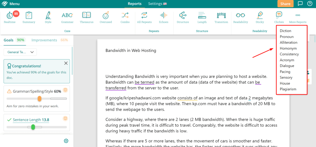 Zusätzliche Berichte in ProWritingAid