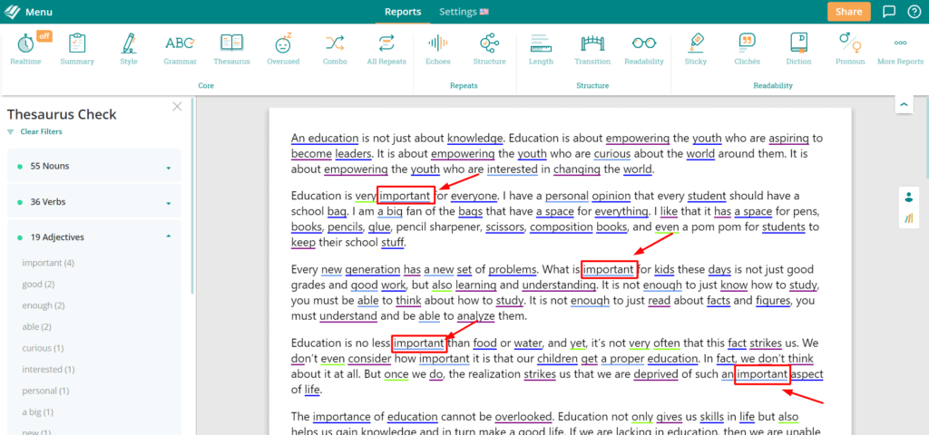 Sich wiederholende Wörter in ProWritingAid