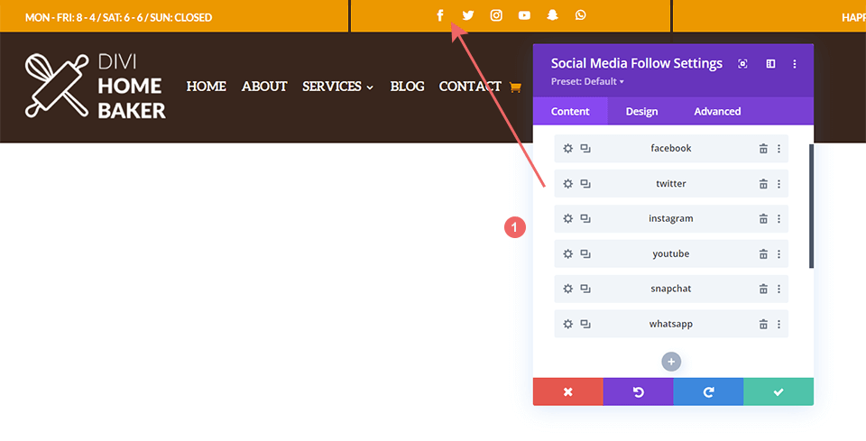 Divi Home Bakerヘッダーレイアウト内でソーシャルメディアフォローモジュールを編集する