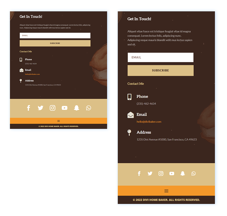 Divi Home Baker レイアウトのタブレットおよびモバイル フッター レイアウト