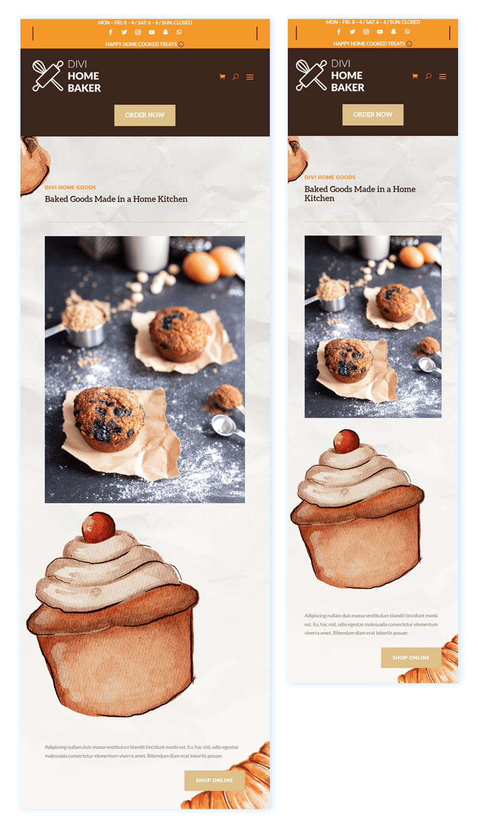 Divi Home Baker Layout Pack のタブレットおよびモバイル ヘッダー デザイン