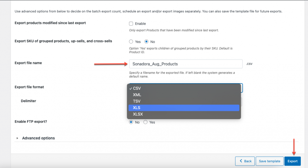 choisir le format excel pour exporter des produits woocommerce