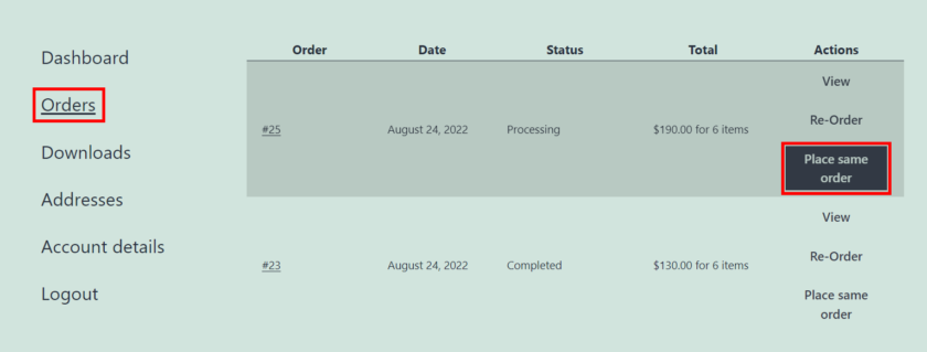 добавить кнопку повторного заказа в woocommerce