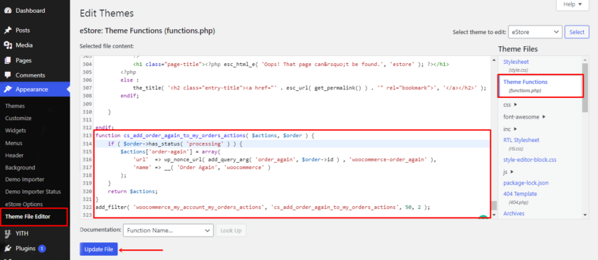 เพิ่มรหัสที่กำหนดเองใน function.php