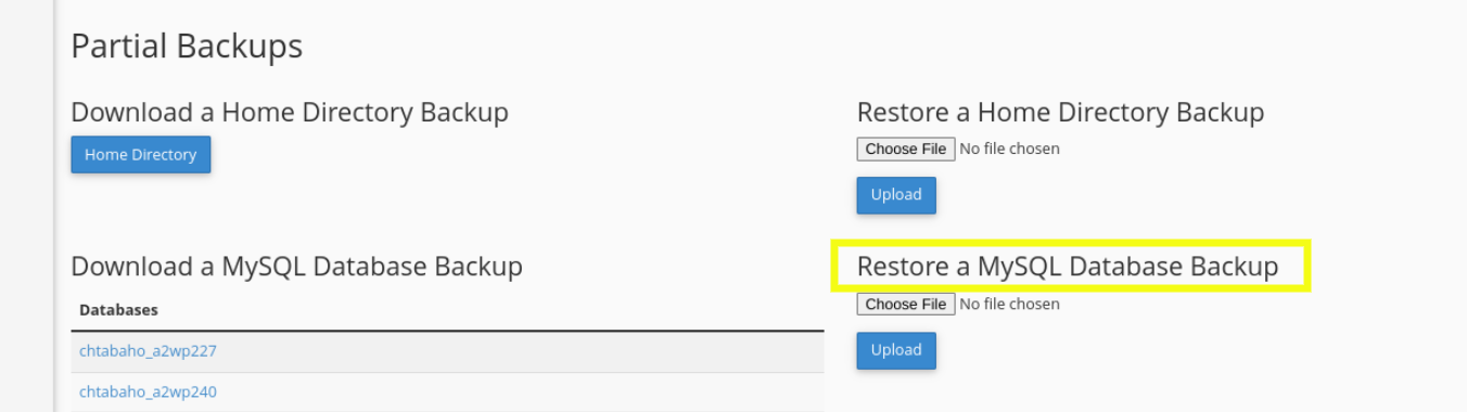 通过 cpanel 恢复数据库备份