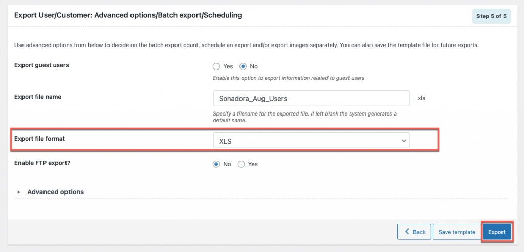 exportation de l'utilisateur dans l'option excel